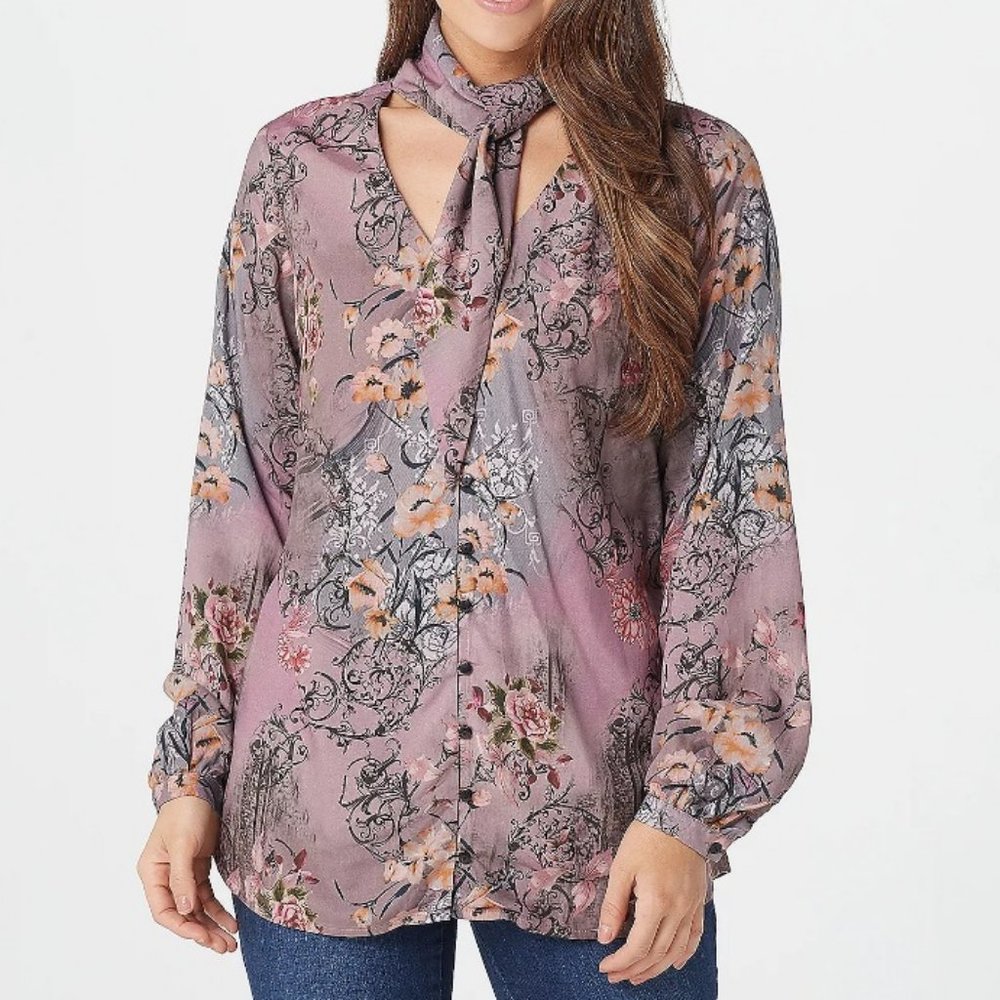 Tolani Collection Printed Woven Long-Sleeve Top with Neck Tie  10284